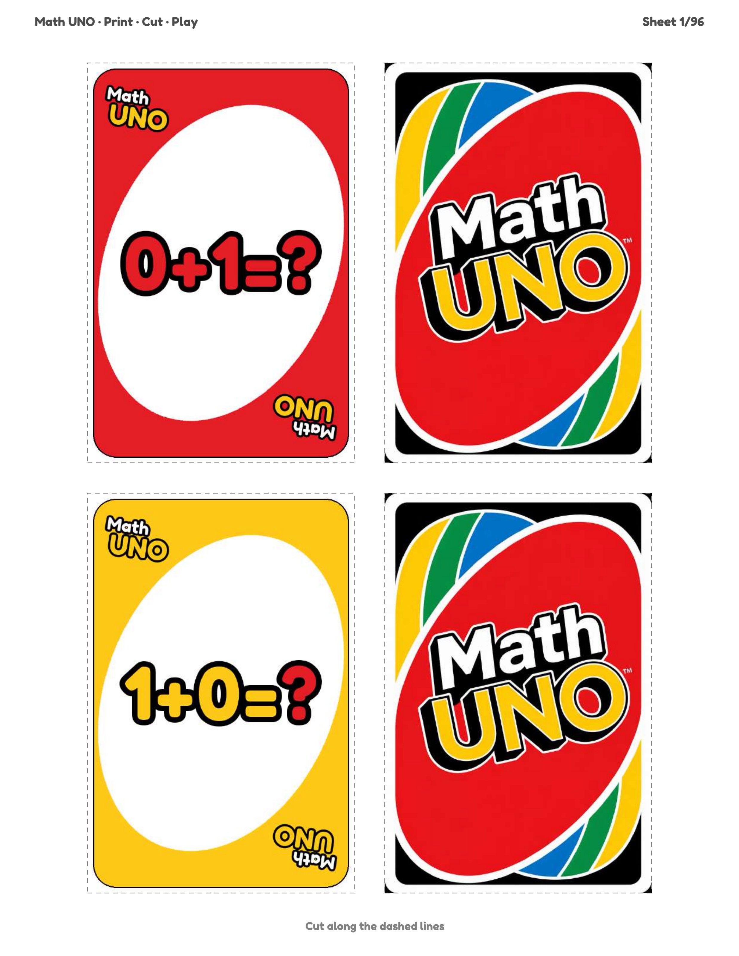 Mathe UNO — Komplettes Set sample cards